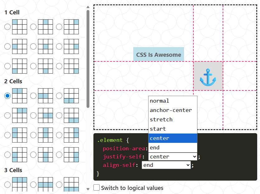 The UI for an interactive demo that places a label that says CSS is Awesome around different sides and edges of an anchor icon with controls to change that position and generate the CSS code for it.